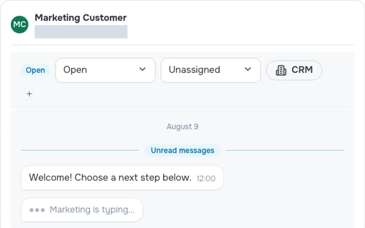 An open conversation in the operator inbox, showing the customer name, an Open status, an Unassigned owner, a CRM link and the unread messages the visitor sent